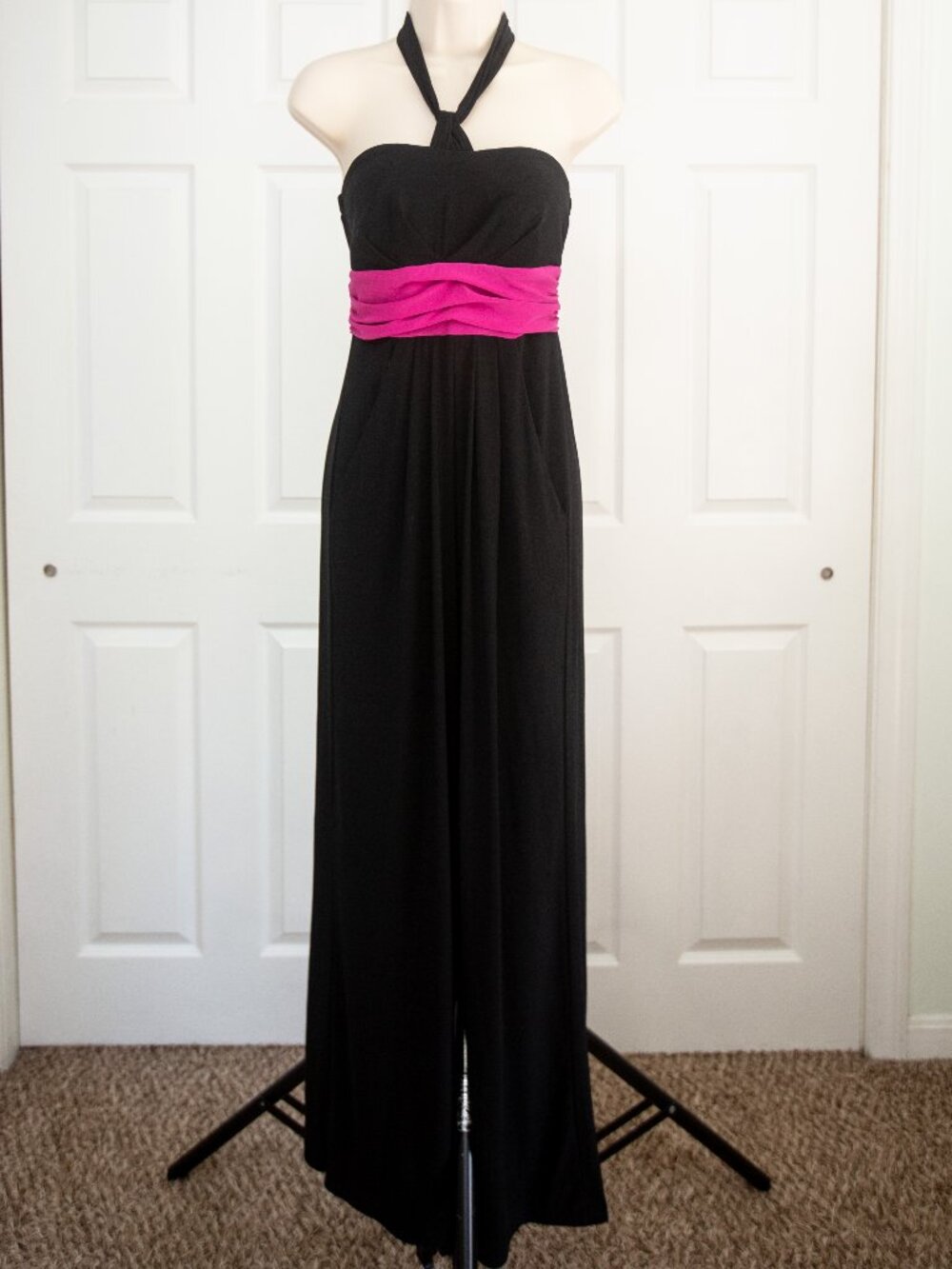Black Halter Jumpsuit with Hot Pink Waistband